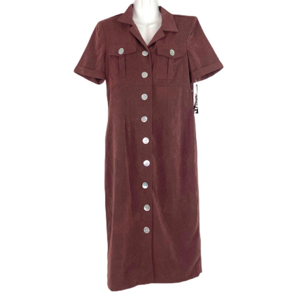 NWT Halmode Petites 10P Midi Shift Dress Brown Button Front Short Sleeve Collar